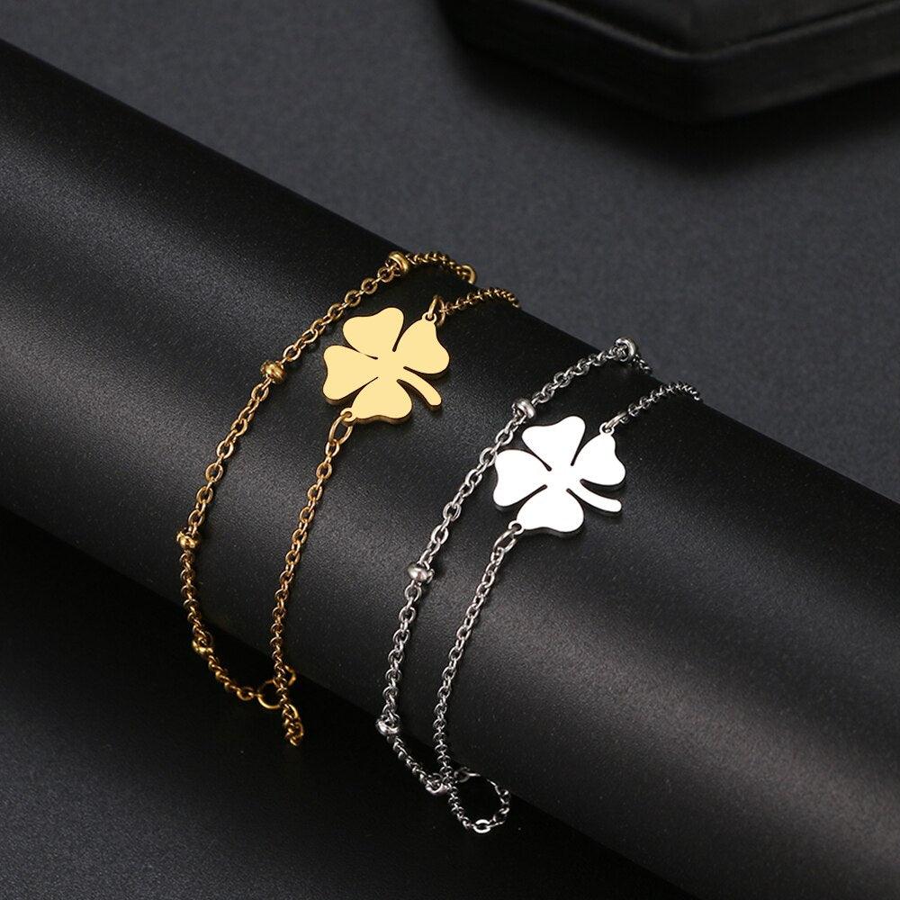 Vier-Blatt Klee Damen Armband  mit verdoppelter Kette - Graviro